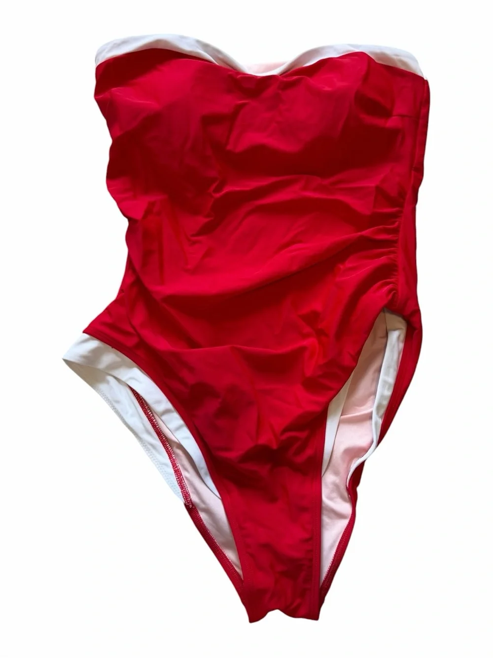 Red Strapless One-Piece Swimsuit with White Trim